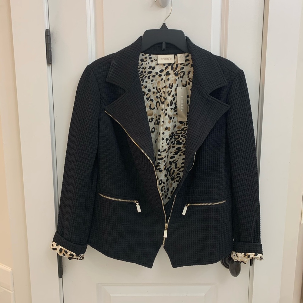 Chico's black knit jacket with animal print lining.